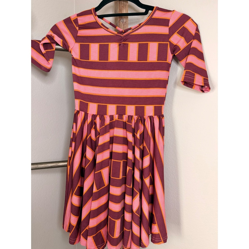 Dot Dot Smile Kids Pink Burgundy Geometric Stripe Strappy Back Twirl Dress 7 - Picture 3 of 7